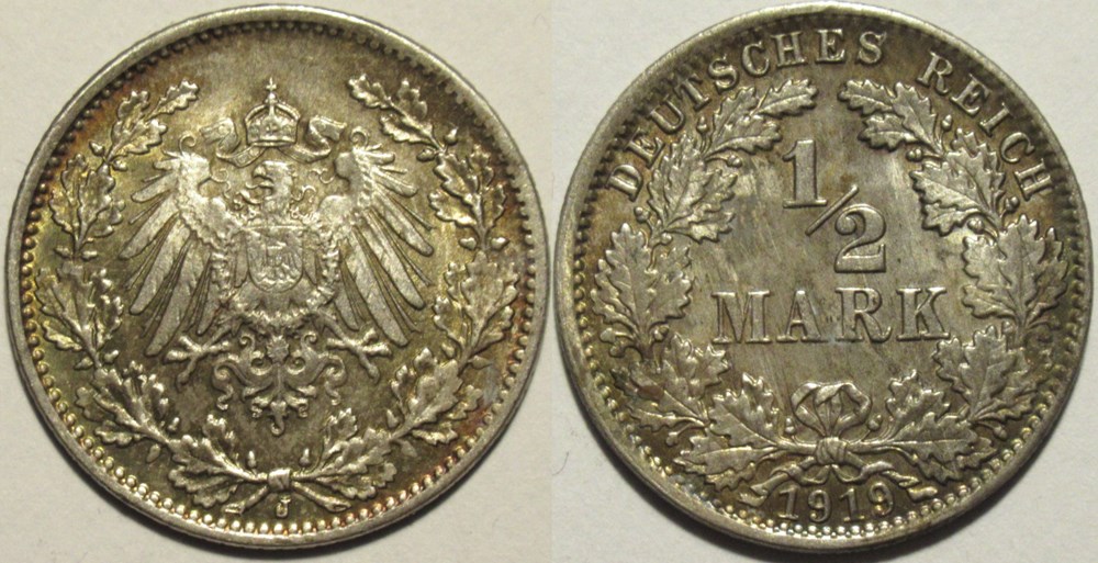 monnaies monde allemagne wilhelm ii 1 2 mark 1919 hamburg german empire 2 ex