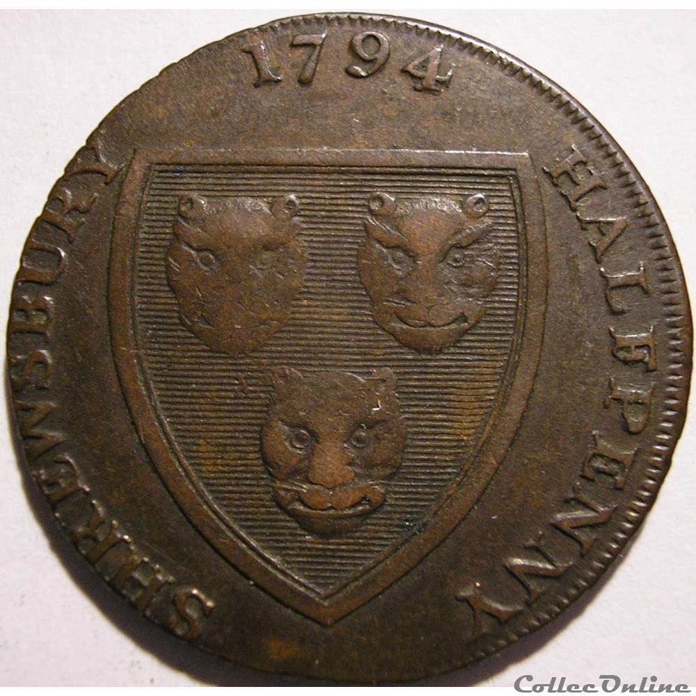 1794 HalfPenny - Shropshire, Shrewsbury / Woolpack (var) monnaie monde royaume uni 1794 halfpenny shropshire shrewsbury woolpack var