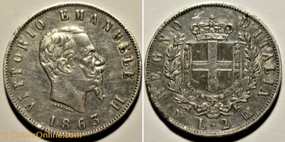 1863 Regno d'Italia, 2 Lire, Napoli - Vittorio Emanuele II (ex.2) monnaies monde italie 1863 regno italia 2 lire napoli vittorio emanuele ii ex 2