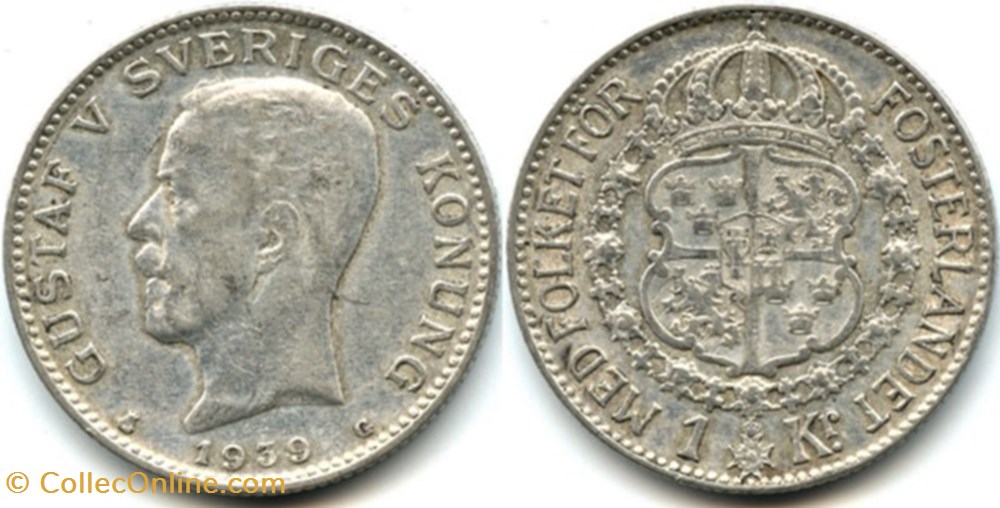 Gustaf V of Sweden - 1 Krona 1939 monnaies monde suede gustaf v of sweden 1 krona 1939