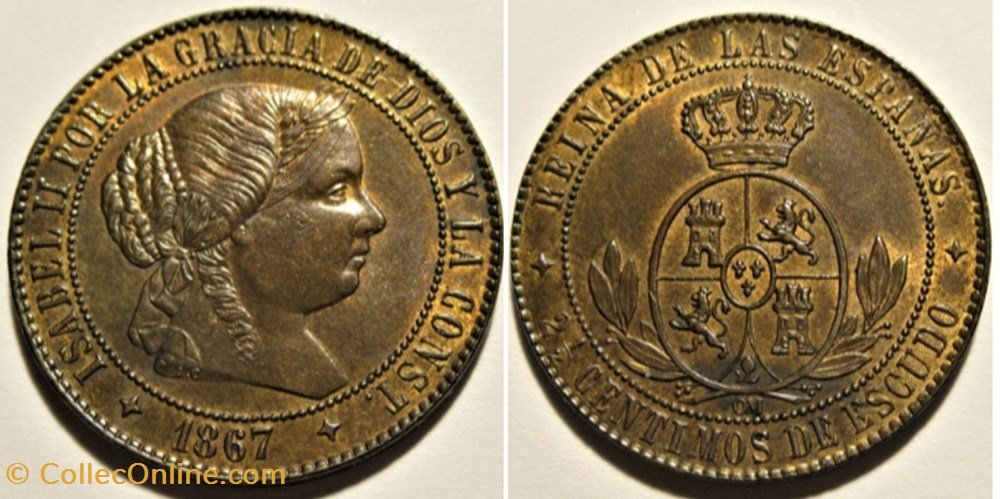1867 Jubia - 2, 1/2 Centimos - Isabel II España monnaies monde espagne 1867 jubia 2 1 2 centimos isabel ii espana