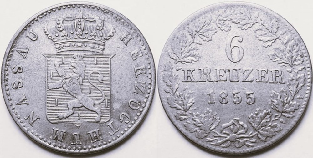 monnaies europe medievale saint empire romain germanique adolf 6 kreuzer 1855 duchy of nassau