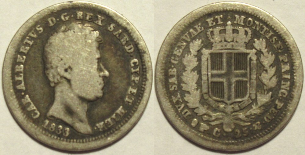 1833 Royaume de Sardaigne - 25 Centesimi, Torino - Carlo Alberto monnaies monde italie 1833 royaume de sardaigne 25 centesimi torino carlo alberto