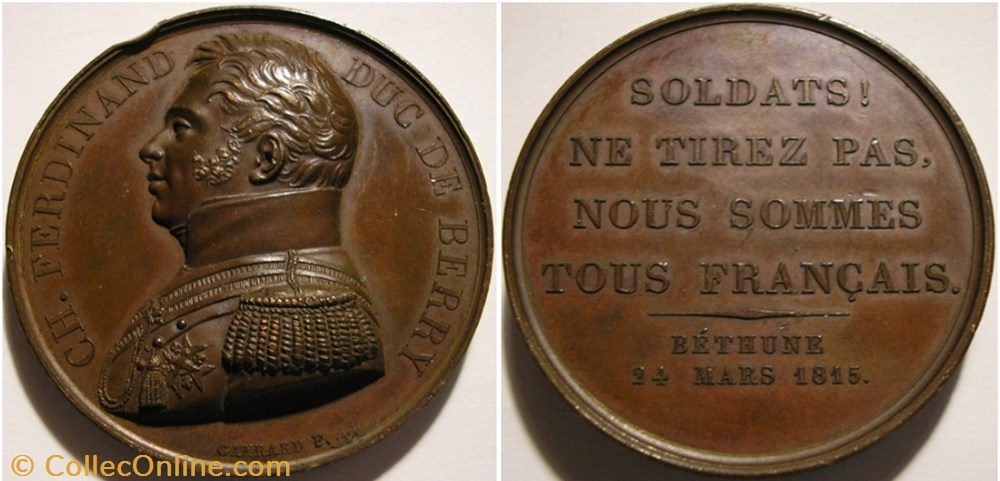 Charles Ferdinand Duc de Berry - 1815 Médaille, fuite de Louis XVIII medailles france restauration charles ferdinand duc de berry 1815 medaille fuite de louis xviii