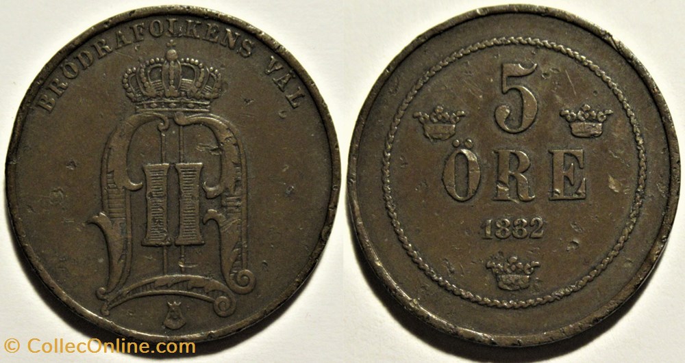 Sweden - Oskar II - 5 Öre 1882 - Repunched Date monnaies monde suede sweden oskar ii 5 ore 1882 repunched date