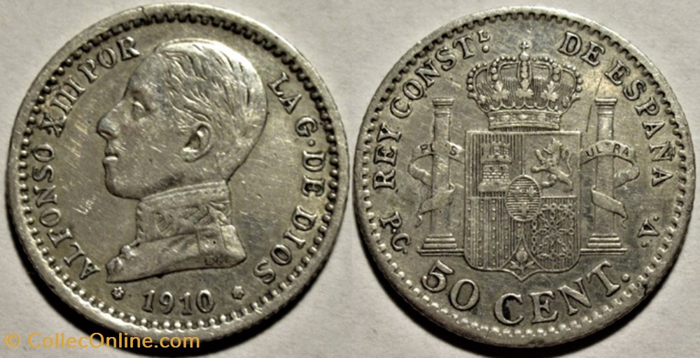1910 - 50 Centimos - Alfonso XIII de España monnaies monde espagne 1910 50 centimos alfonso xiii de espana