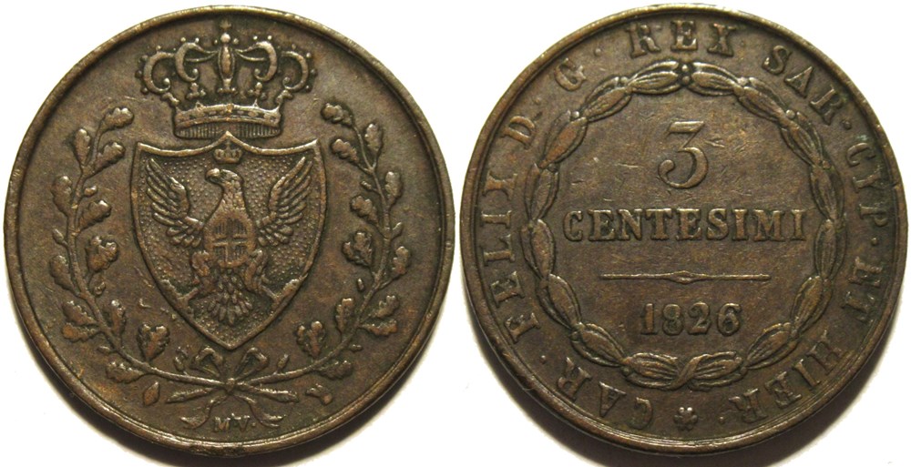 1826 Royaume de Sardaigne - 3 Centesimi Torino - Carlo Felice (ex.2) monnaies monde italie 1826 royaume de sardaigne 3 centesimi torino carlo felice ex 2