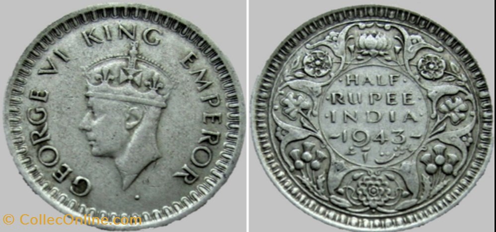 George VI - Half Rupee 1943 Bombay - British Raj (ex.2) monnaies monde inde george vi half rupee 1943 bombay british raj ex 2
