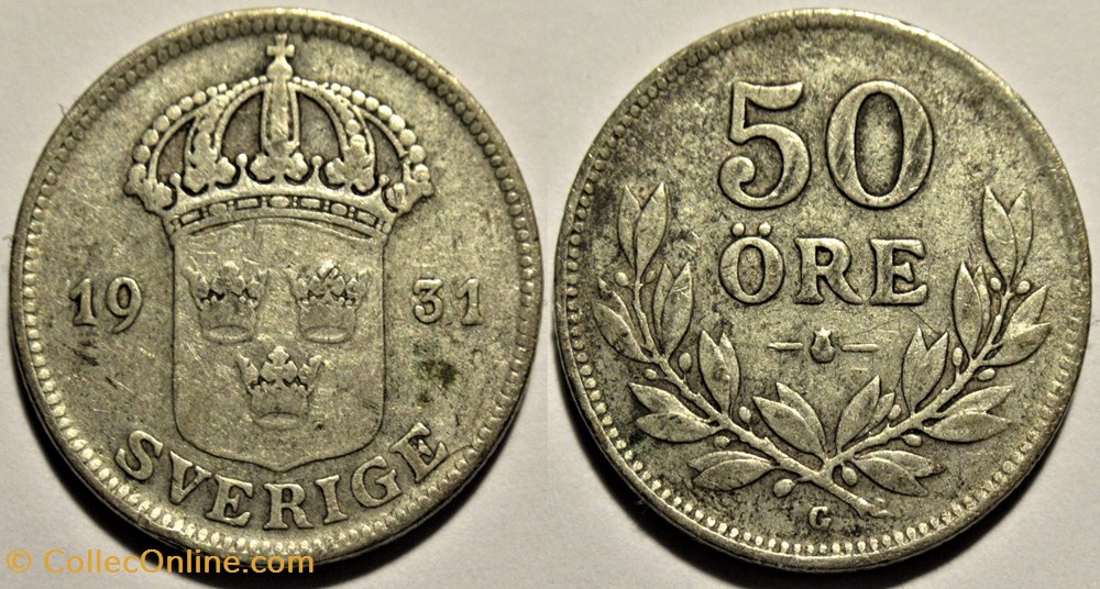 Gustaf V of Sweden - 50 Öre 1931 monnaies monde suede gustaf v of sweden 50 ore 1931