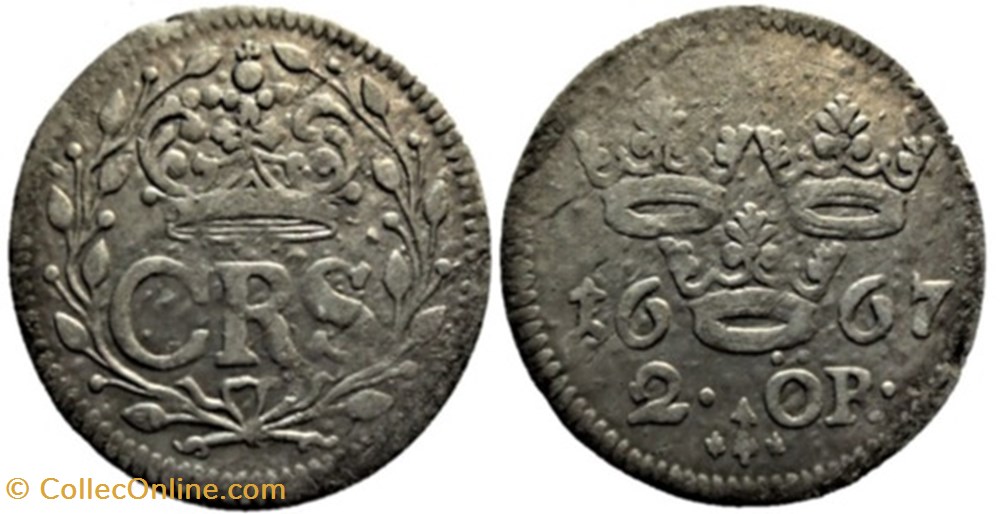 monnaies monde suede sweden karl xi 2 ore 1667
