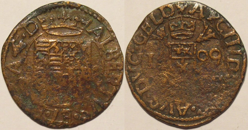 Albert & Isabelle - 1 Oord 1609 - Roermond, Duchy of Guelders (2) monnaies europe medievale pays bas espagnols albert isabelle 1 oord 1609 roermond duchy of guelders 2