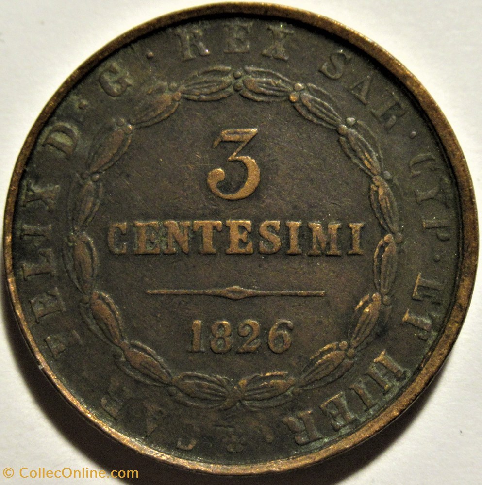 1826 Royaume de Sardaigne, 3 Centesimi P, Genova - Carlo Felice monnaies monde italie 1826 royaume de sardaigne 3 centesimi p genova carlo felice