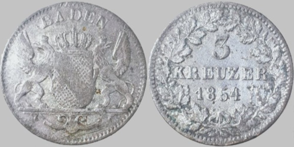 monnaies europe medievale saint empire romain germanique ludwig ii 3 kreuzer 1854 grand duchy of baden