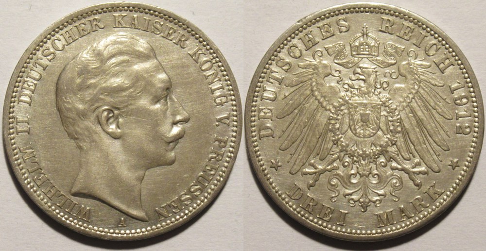 Wilhelm II - 3 Mark 1912 Berlin (2) monnaies monde allemagne wilhelm ii 3 mark 1912 berlin 2