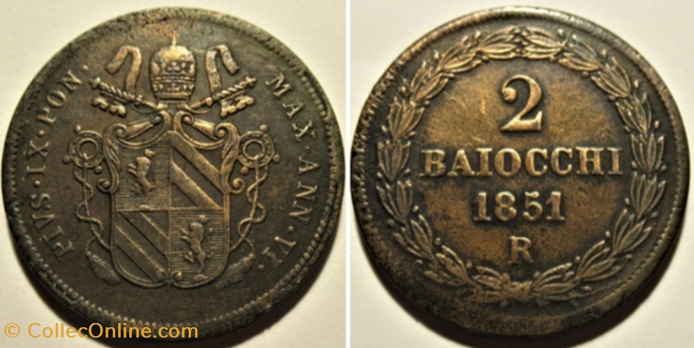 Pio IX, Pope - 2 Baiocchi 1851, Anno VI - Papal States monnaies monde vatican pio ix pope 2 baiocchi 1851 anno vi papal states