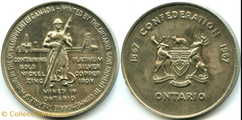 Ontario - Mining Industry Token 1967 - Centennial of Canadian Confederation 1867 monnaies jetons mereaux ontario mining industry token 1967 centennial of canadian confederation 1867