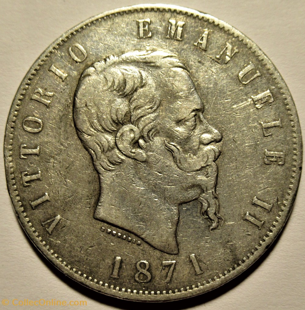 1871 Regno d'Italia - 5 Lire, Milano- Vittorio Emanuele II (ex.2) 2 monnaies monde italie 1871 regno italia 5 lire milano vittorio emanuele ii ex 2