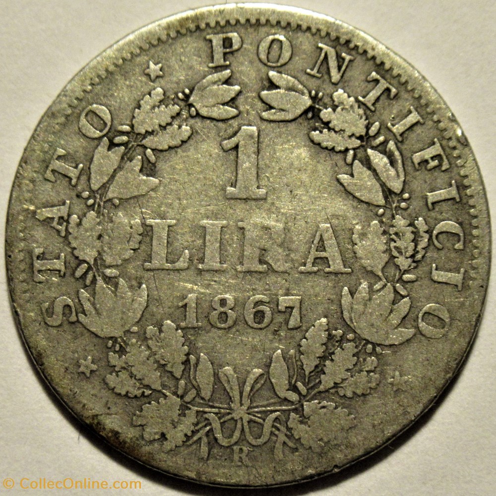 Pio IX, Papa - 1 Lira 1867, Anno XXII - Vaticano 3 monnaies monde pio ix papa 1 lira 1867 anno xxii vaticano