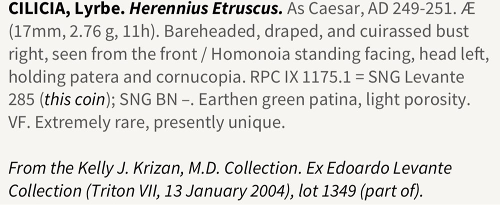 Cilicia, Lyrbe. Herennius Etruscus coins ancient to romans provincial cilicia lyrbe herennius etruscus