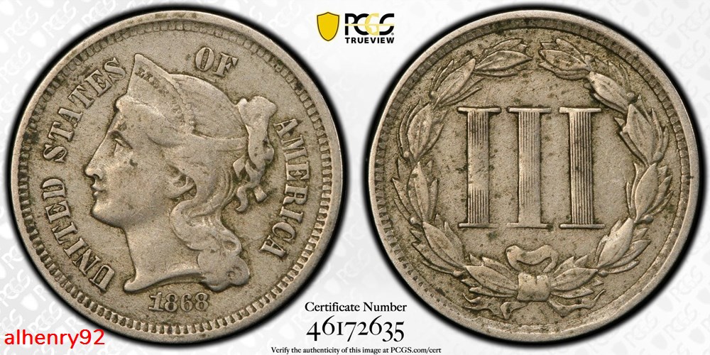 coins 1868 3 cent nickel