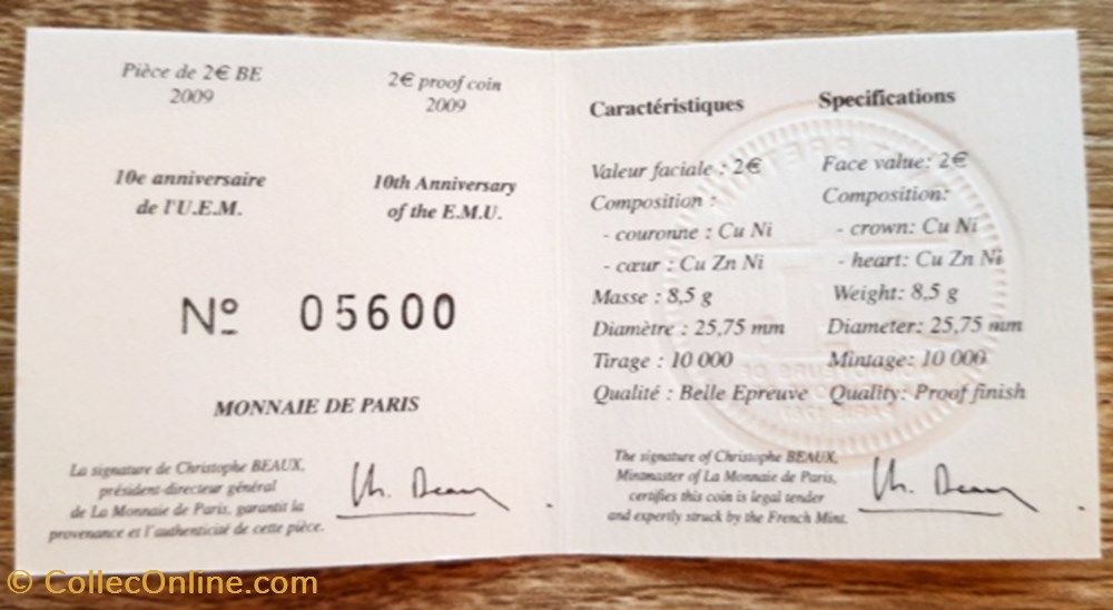 2€ France 2009 - 10e anniversaire de l'U.E.M - BE avec écrin 3 monnaie euro 2 france 2009 10e anniversaire de u e m be avec ecrin
