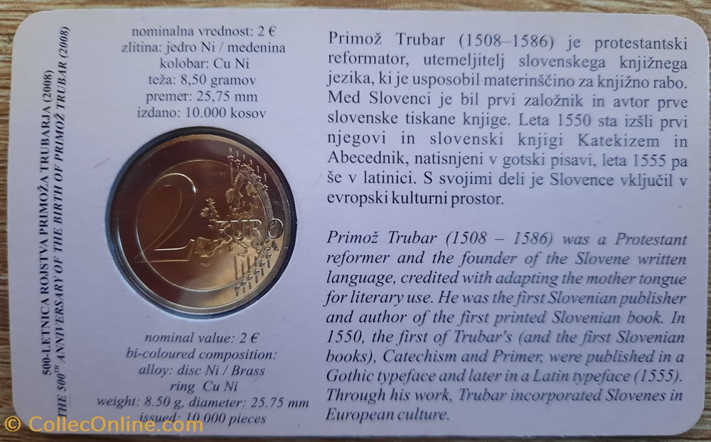 2€ Slovénie 2008 - 500e anniversaire de la naissance de Primož Trubar - Coincard monnaies euros 2 slovenie 2008 500e anniversaire de la naissance de primoz trubar coincard