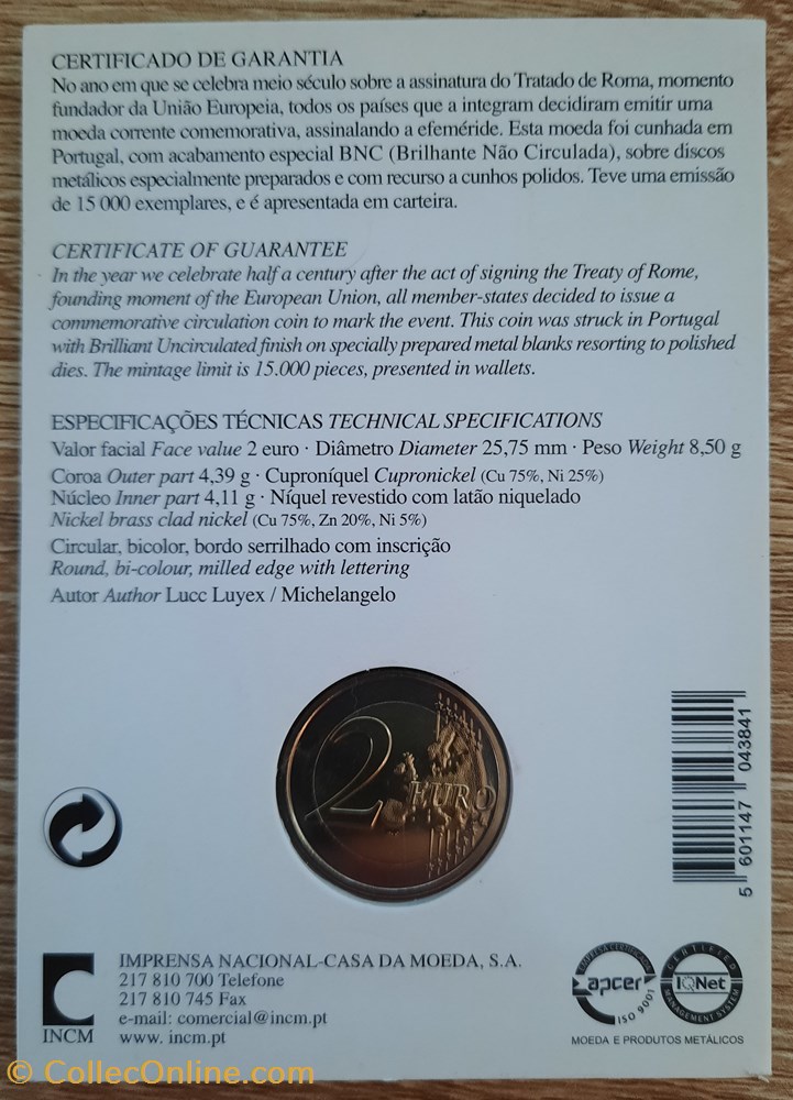 2€ Portugal 2007 - 50e anniversaire du traité de Rome - Coincard monnaies euros 2 portugal 2007 50e anniversaire du traite de rome coincard
