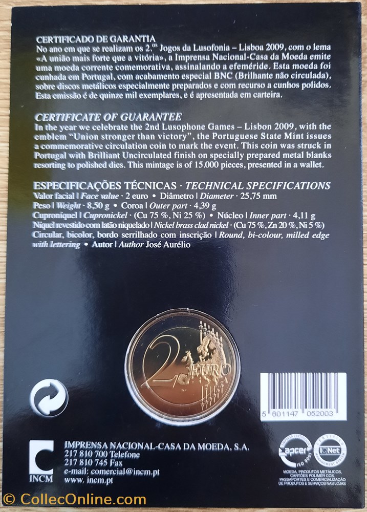 2€ Portugal 2009 - Deuxièmes Jeux de la Lusophonie - Coincard monnaies euros 2 portugal 2009 deuxiemes jeux de la lusophonie coincard