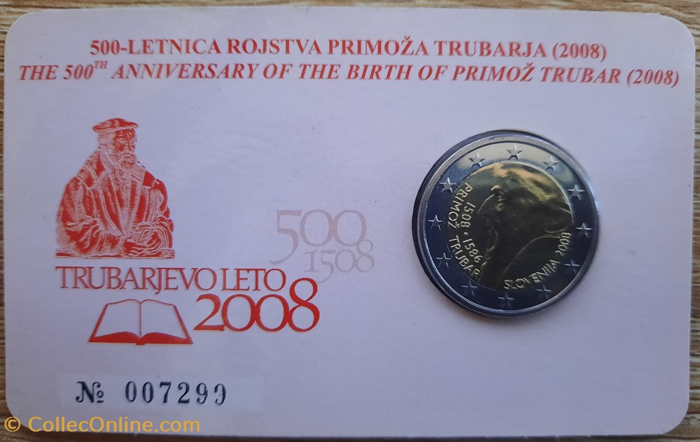 2€ Slovénie 2008 - 500e anniversaire de la naissance de Primož Trubar - Coincard monnaies euros 2 slovenie 2008 500e anniversaire de la naissance de primoz trubar coincard