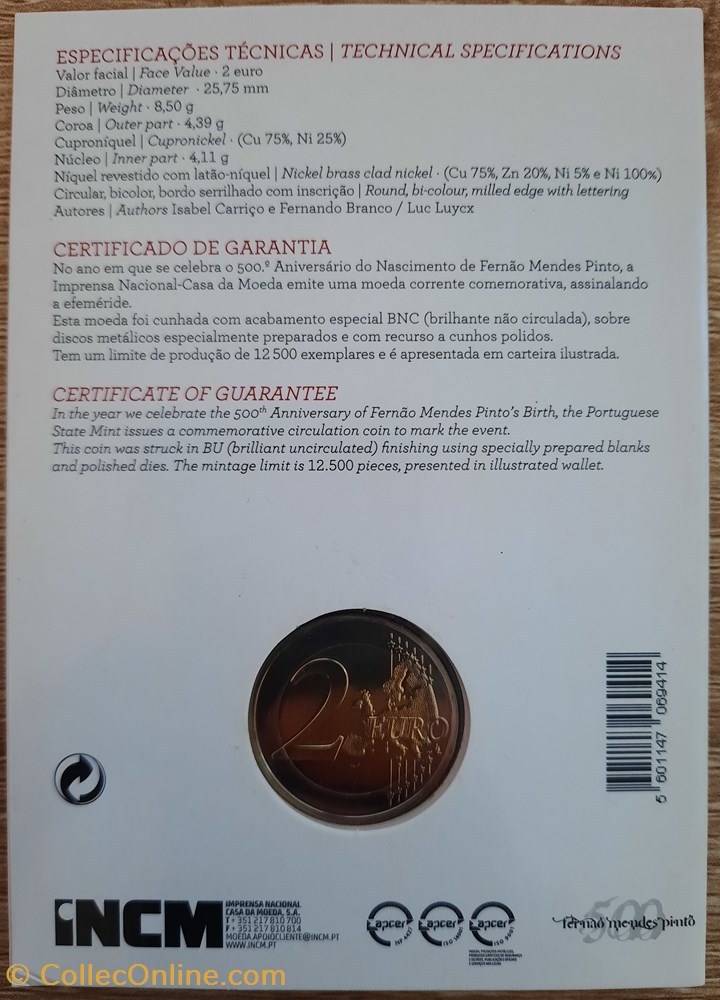 2€ Portugal 2011 - 500e anniversaire de la naissance de Fernão Mendes Pinto - Coincard monnaies euros 2 portugal 2011 500e anniversaire de la naissance de fernao mendes pinto coincard