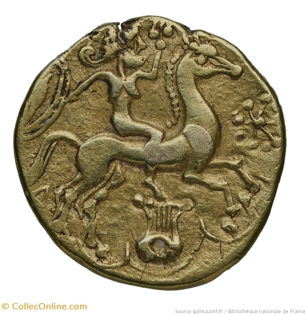 Statère à la cavalière et à la lyre DT.2089 monnaies antiques jc ap celtes statere a la cavaliere et a la lyre dt 2089