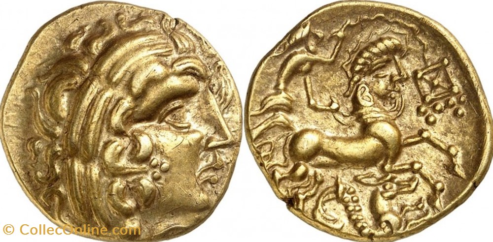 Statère au ' protomé de cheval à queue de triton ' monnaies antiques celtes statere au protome de cheval a queue de triton