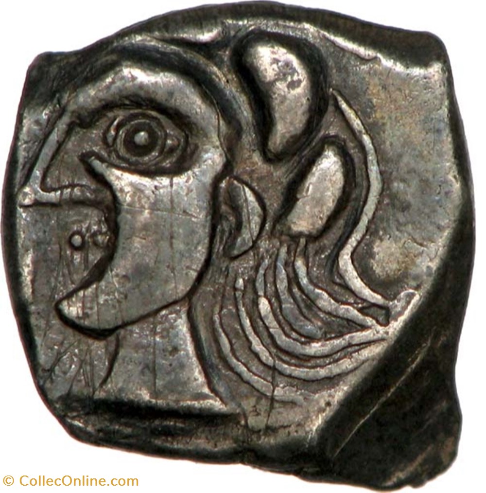 VOLQUES TECTOSAGES (région de Toulouse) Drachme “à la tête cubiste”, lourde, S. 38 monnaies antiques av jc ap volques tectosages region de toulouse drachme a la tete cubiste lourde s 38