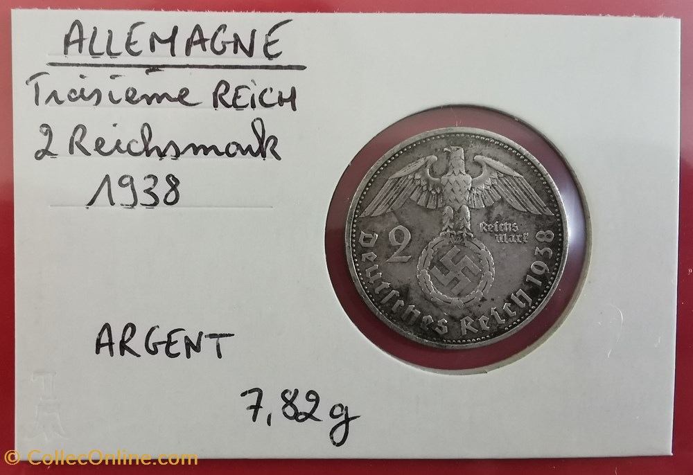 ALLEMAGNE 3ème Reich 2 Reichsmarks 1938 monnaie monde allemagne 3eme reich 2 reichsmarks 1938