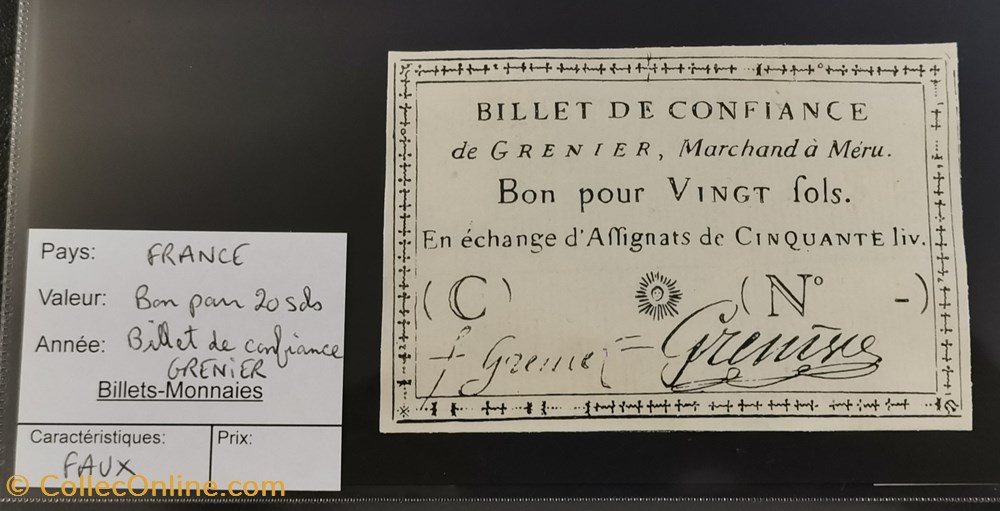 Bon pour 20 sols - Billet de confiance GRENIER - Faux billets europe france bon pour 20 sols billet de confiance grenier faux