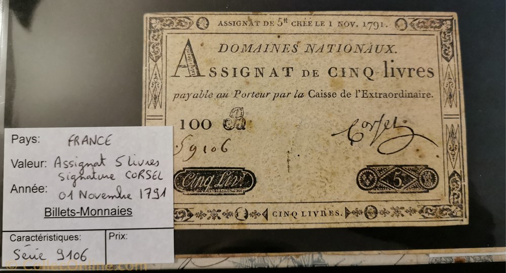Assignat 5 livres série 9106 billet europe france assignat 5 livres serie 9106