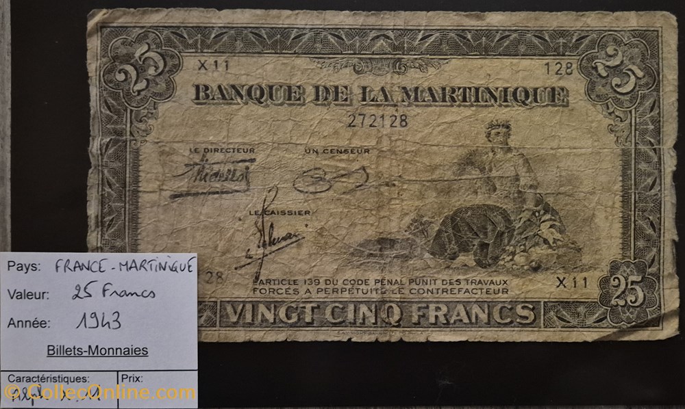 billets amerique centrale et caraibes 25 francs martinique 1943