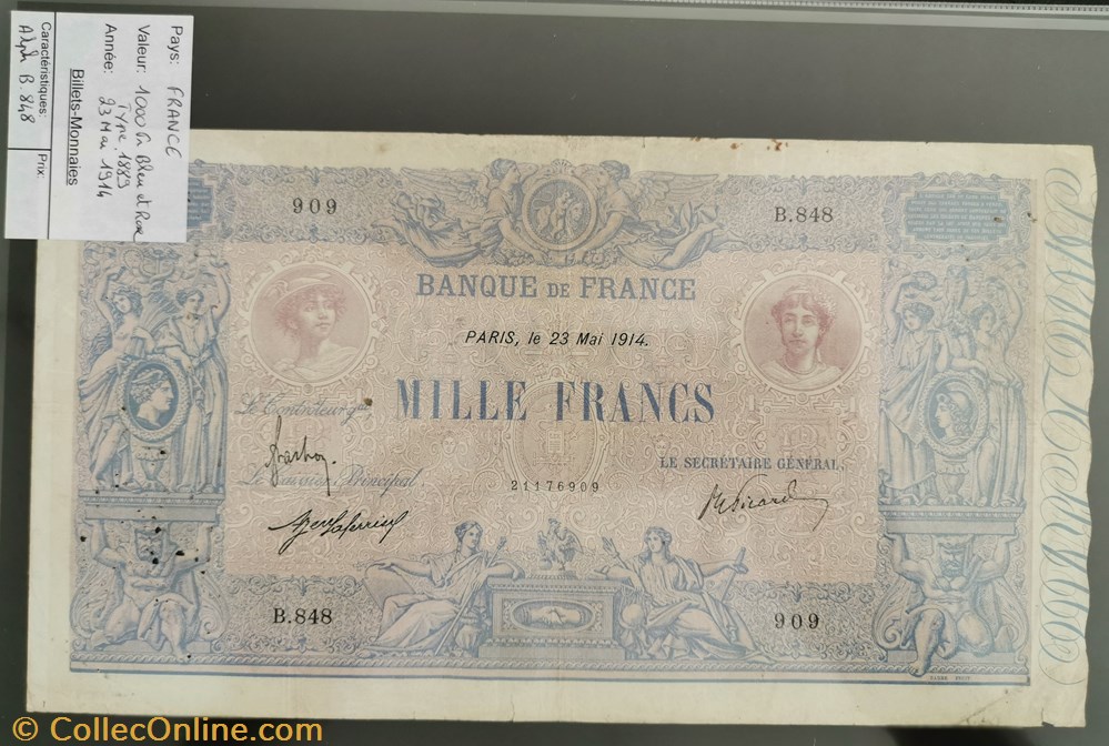 billet europe france 1000 francs bleu et rose