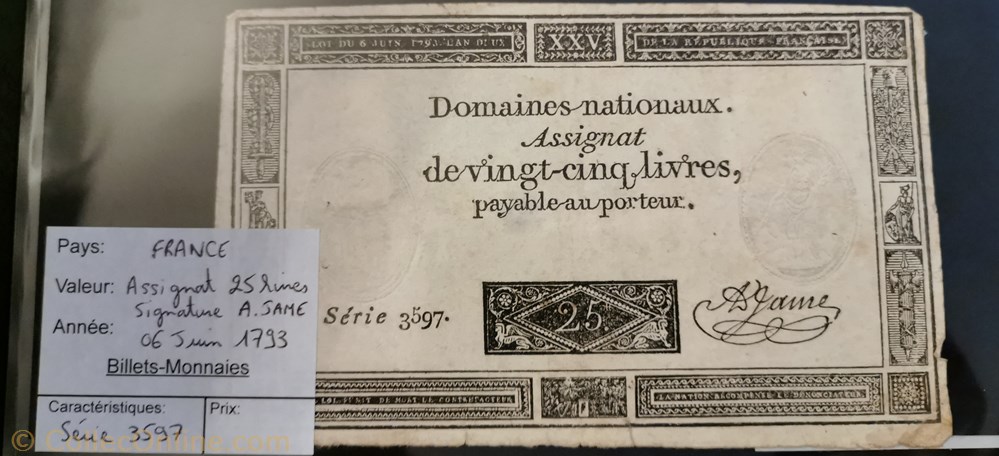 billet france assignat 25 livres serie 3597
