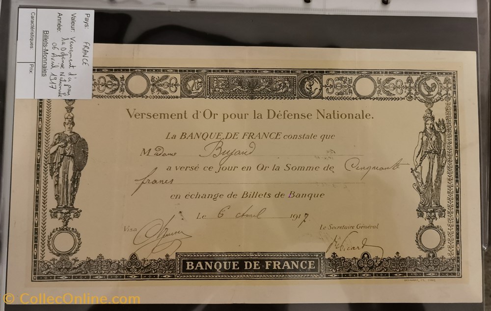billets europe france versement or pour la defense nationale 50 francs 06 04 1917
