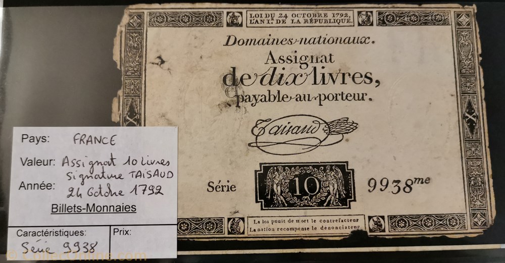 billet europe france assignat 10 livres serie 9938