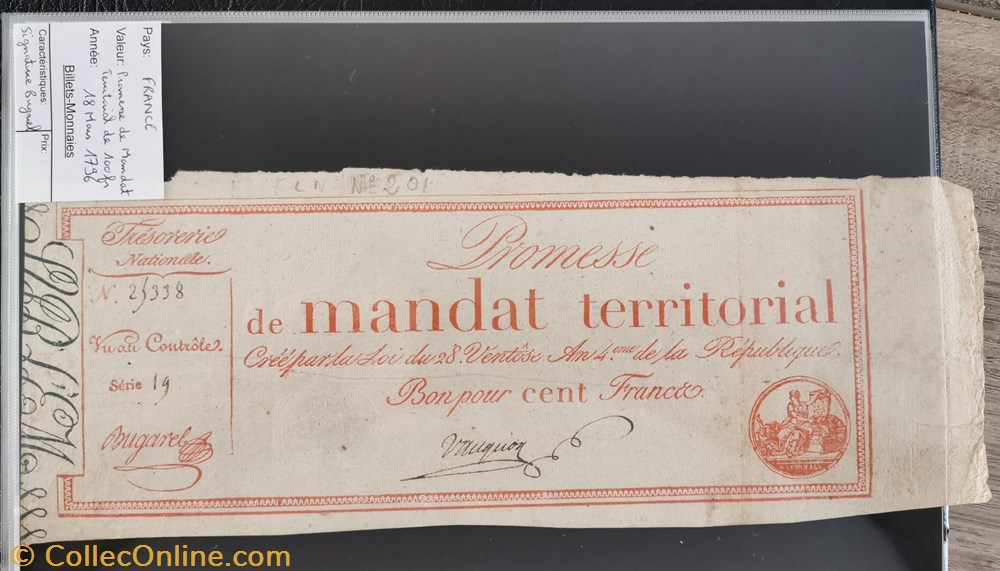 Mandat territorial 100 francs série 25338 billet europe france mandat territorial 100 francs serie 25338