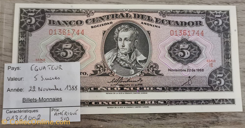 EQUATEUR - 5 sucres billets amerique du sud equateur 5 sucres