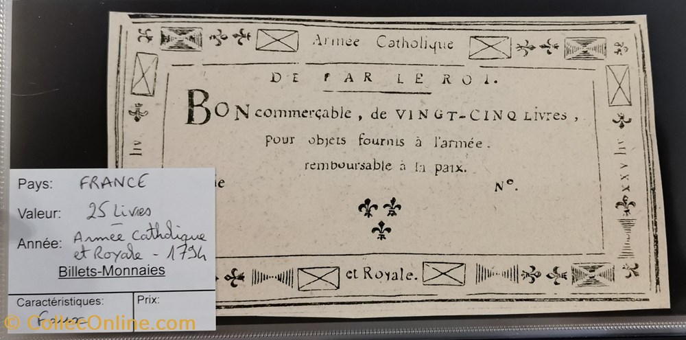 Bon de 25 livres - Armée Catholique et Royale - Faux billets europe france bon de 25 livres armee catholique et royale faux