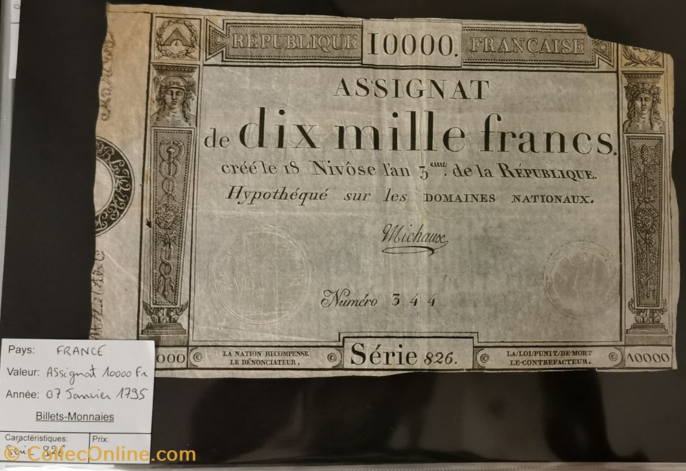 Assignat 10 000 francs 07-01-1795 billet europe france assignat 10 000 francs 07 01 1795