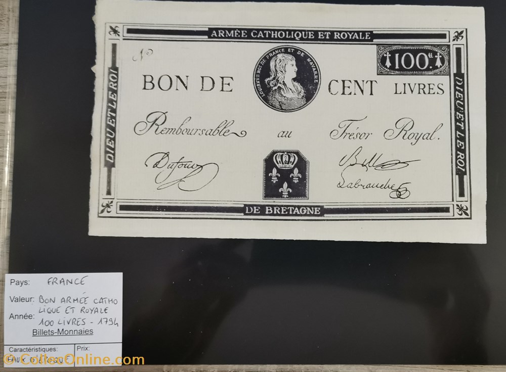billets europe france bon 100 livres armee catholique et royale