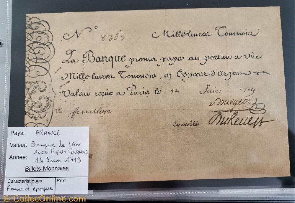 billet europe france banque de law 1000 livres tournoi faux epoque