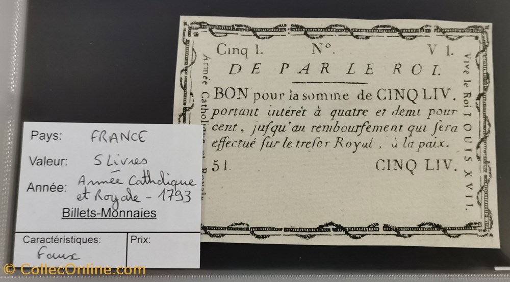 Bon de 5 livres - Armée Catholique et Royale - Faux billets europe france bon de 5 livres armee catholique et royale faux
