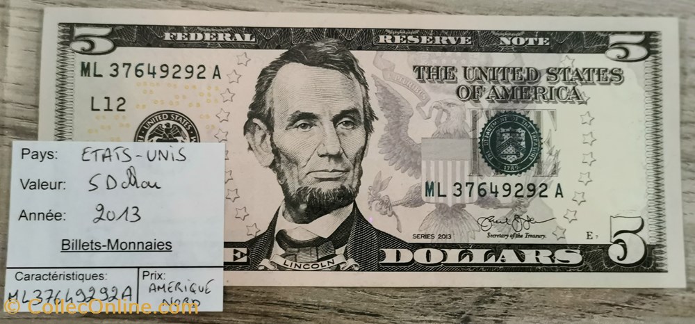 USA - 5 dollars billets amerique du nord etats unis usa 5 dollars