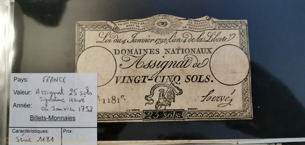 billet france assignat 25 sols serie 1181